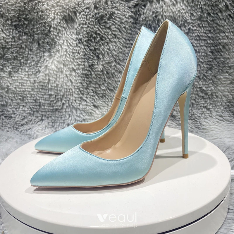 Chic Beautiful Sky Blue Evening Party Satin Pumps 2023 12 cm Stiletto Heels Pointed Toe Pumps High Heels