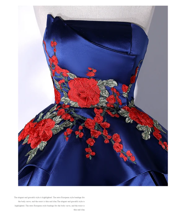 Vintage / Retro Navy Blue Satin Prom Dresses 2022 Ball Gown Strapless Lace Flower Sleeveless Backless Floor-Length / Long Prom Formal Dresses