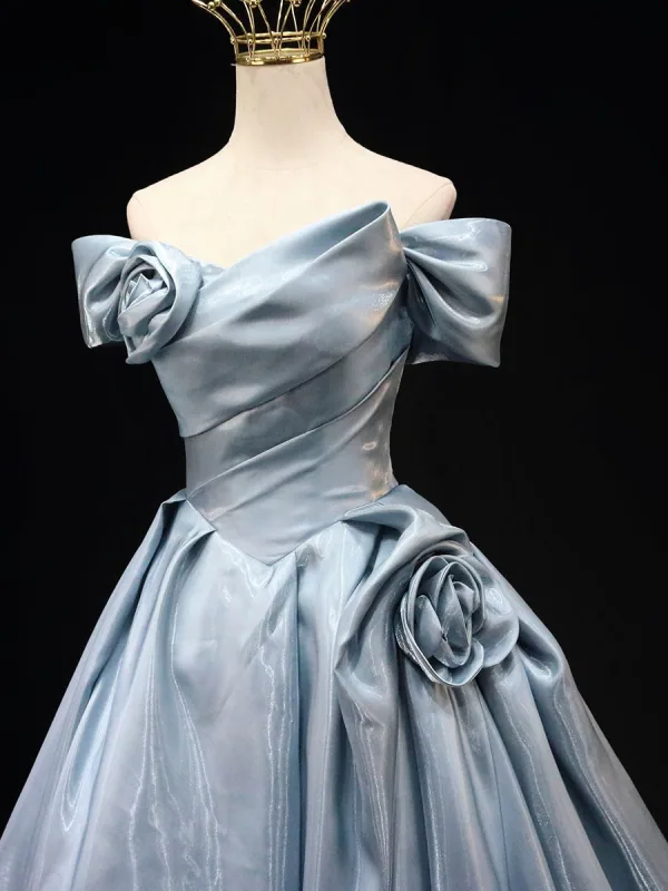 Fashion Sky Blue Ball Gown Prom Dresses 2025 Off-The-Shoulder Short Sleeve Backless Sweep Train Prom Formal Dresses