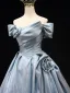 Fashion Sky Blue Ball Gown Prom Dresses 2025 Off-The-Shoulder Short Sleeve Backless Sweep Train Prom Formal Dresses