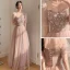 Chic / Beautiful Dusky Pink Pearl Rhinestone Sequins Bridesmaid Dresses 2022 A-Line / Princess Short Sleeve Backless Floor-Length / Long Bridesmaid