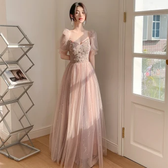 Chic Belle Rose Sombre Perle Faux Diamant Paillettes Robe Demoiselle D Honneur 2022 Princesse Manches Courtes Dos Nu Longue Demoiselle D Honneur