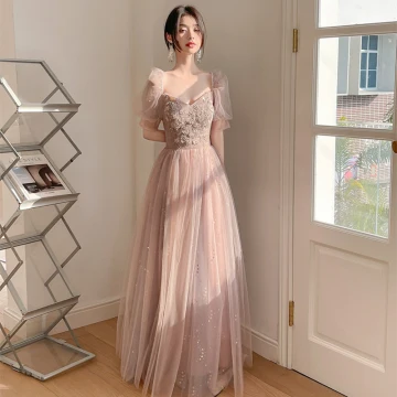 Chic Beautiful Dusky Pink Pearl Rhinestone Sequins Bridesmaid Dresses 2022 A Line Princess Short Sleeve Backless Floor Length Long Bridesmaid