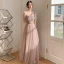 Chic / Beautiful Dusky Pink Pearl Rhinestone Sequins Bridesmaid Dresses 2022 A-Line / Princess Short Sleeve Backless Floor-Length / Long Bridesmaid