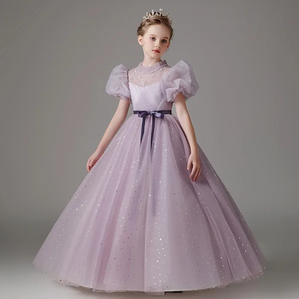 Chic / Beautiful Purple Rhinestone Sequins Bow Sash Birthday Flower Girl Dresses 2025 Ball Gown Scoop Neck Short Sleeve Floor-Length / Long Flower Girl Dresses