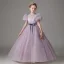 Chic / Beautiful Purple Rhinestone Sequins Bow Sash Birthday Flower Girl Dresses 2025 Ball Gown Scoop Neck Short Sleeve Floor-Length / Long Flower Girl Dresses