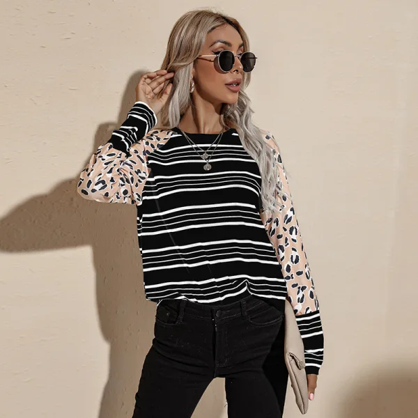 Fancy Women White Stripe Sweatshirts 2021 Scoop Neck Loose Cotton Casual Fall Winter Polka Dot Long Sleeve Tops