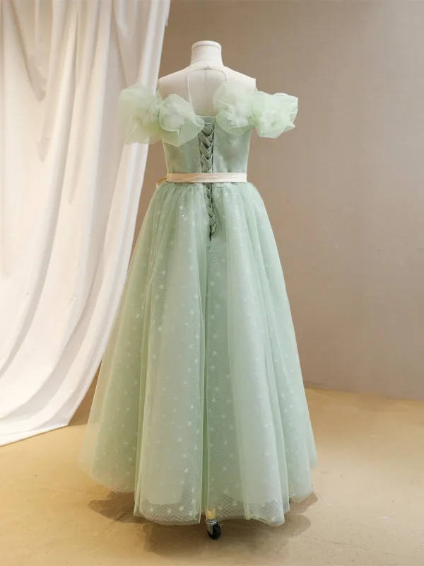 Simple Vert Cendré Paillettes Anniversaire Robe Ceremonie Fille 2024 Princesse Encolure Dégagée Volants Manches Courtes Noeud Ceinture Dos Nu Longue