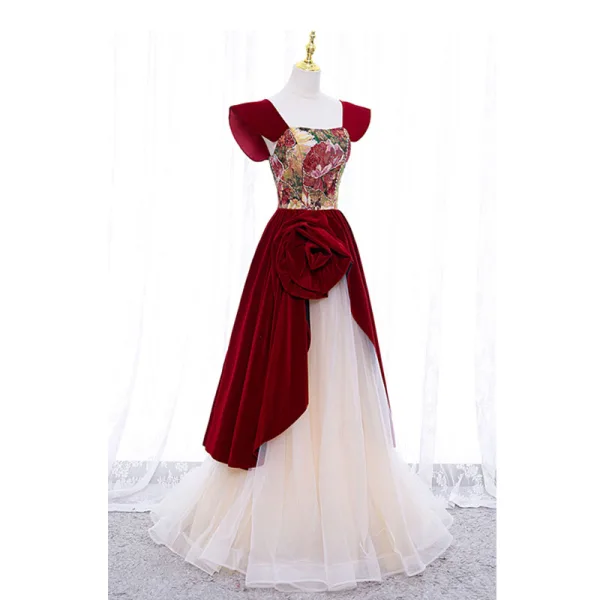 Vintage / Retro Burgundy Suede Printing Prom Dresses 2022 A-Line / Princess Square Neckline Short Sleeve Backless Floor-Length / Long Formal Dresses