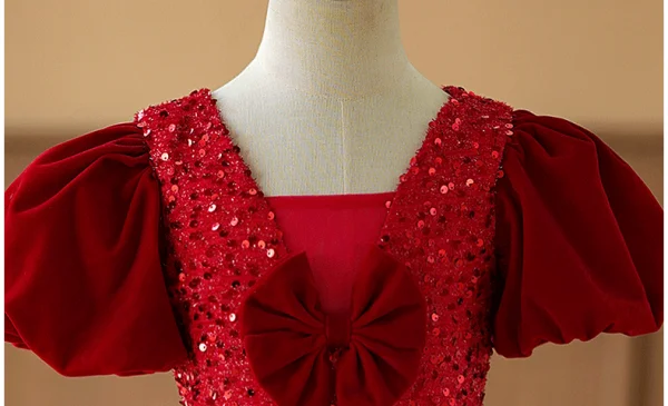 Bling Bling Burgundy Sequins Birthday Flower Girl Dresses 2024 Ball Gown Square Neckline Puffy Short Sleeve Backless Floor-Length / Long
