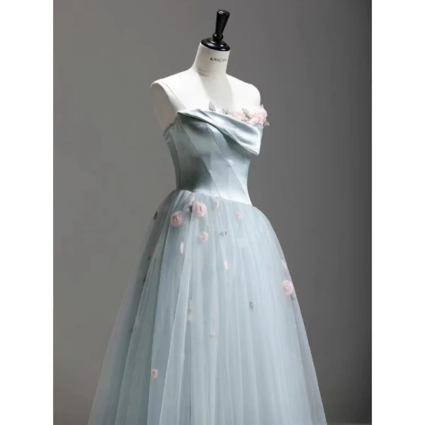 Chic / Beautiful Sky Blue Appliques Prom Dresses 2024 A-Line / Princess Strapless Sleeveless Backless Floor-Length / Long Prom Formal Dresses
