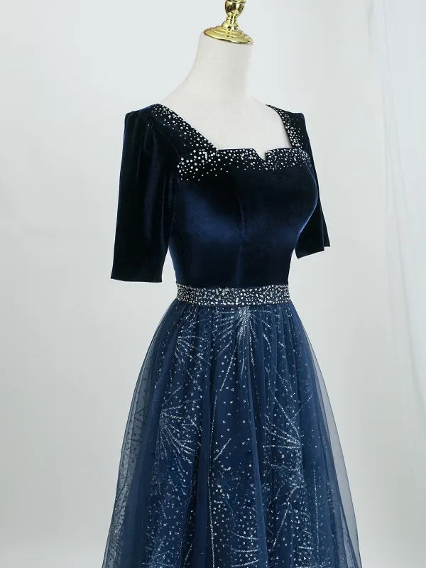 Vintage / Retro Navy Blue Sequins Prom Dresses 2026 A-Line / Princess Square Neckline Short Sleeve Backless Floor-Length / Long