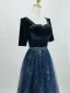Vintage / Retro Navy Blue Sequins Prom Dresses 2026 A-Line / Princess Square Neckline Short Sleeve Backless Floor-Length / Long