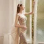 Scintillantes Sexy Champagne Paillettes Robe De Soirée 2022 Trompette / Sirène Encolure Carrée Sans Manches Dos Nu Noeud Tribunal Train Soirée Robe De Ceremonie