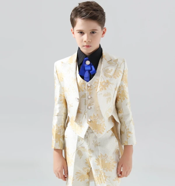 Fashion Yellow Printing 5-piece Long Sleeve Boys Wedding Suits 2024 Coat Pants Shirt Tie Vest