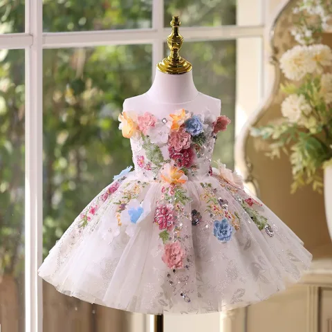 Blumenfee Multifarben Applikationen Spitze Blumen Pailletten Kurze Geburtstag Blumenmädchenkleider 2025 Ballkleid Rundhalsausschnitt Ärmellos Rückenfreies