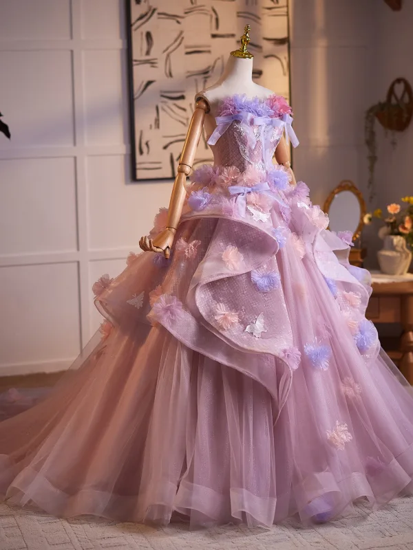 Blumenfee High End Rosa Spitze Schmetterling Applikationen Pailletten Ballkleider 2026 Ballkleid Eckiger Ausschnitt Ärmellos Rückenfreies Lange Festliche Kleider
