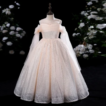 Bling Bling Champagne Paillettes Anniversaire Robe Ceremonie Fille 2022 Robe Boule Encolure Dégagée Manches Courtes Longue Robe Ceremonie Fille