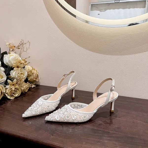 Schöne Weiß Spitze Perlenstickerei Pailletten Brautschuhe 2024 6 cm Stilettos Spitzschuh Hochzeit Sandaletten Hochhackige