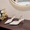 Chic / Beautiful White Lace Beading Sequins Wedding Shoes 2024 6 cm Stiletto Heels Pointed Toe Wedding Sandals High Heels