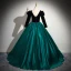 Vintage Dunkelgrün Satin Ballkleider 2024 Ballkleid V-Ausschnitt Lange Ärmel Rückenfreies Lange Ball Festliche Kleider