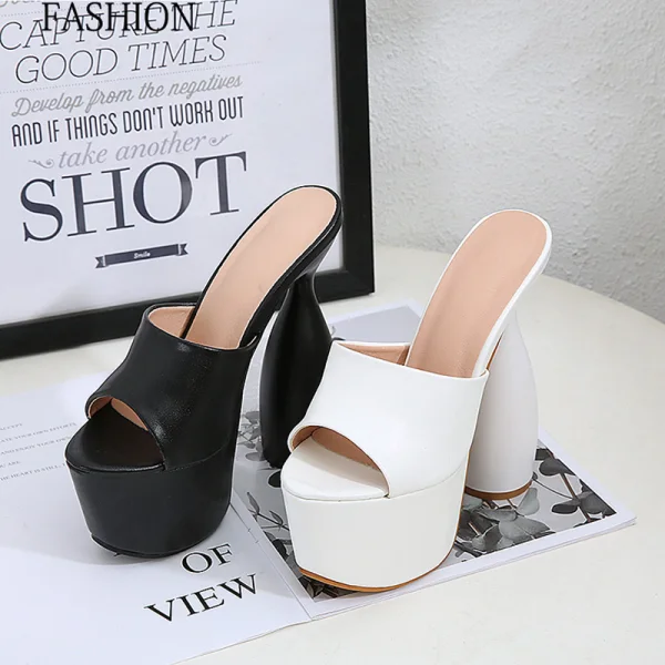 Sexy White Cocktail Party Womens Sandals 2023 17 cm Thick Heels Open / Peep Toe Sandals High Heels