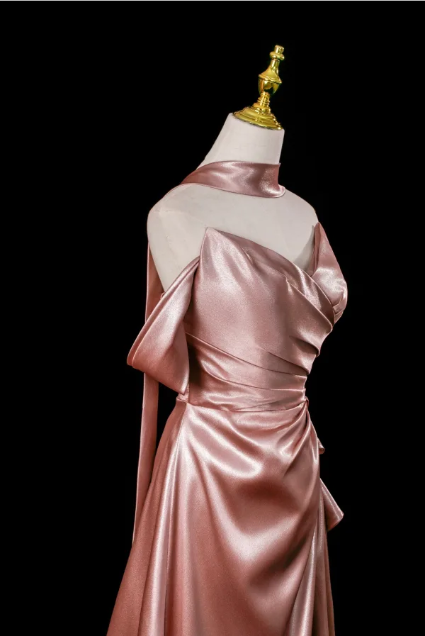Sexy Rose Gold Satin Evening Dresses 2025 A-Line / Princess Strapless Sleeveless Backless Sweep Train Evening Party Formal Dresses
