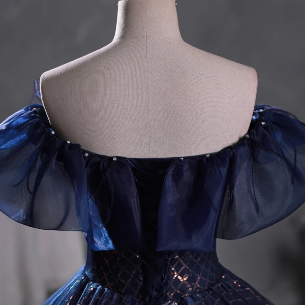 Vintage / Originale Bleu Marine Paillettes Robe De Bal 2023 Robe Boule De l'épaule Gland Sans Manches Dos Nu Longue Promo Robe De Ceremonie