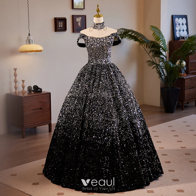 Sparkly Black Sequins Prom Dresses 2024 Ball Gown Off-The-Shoulder  Sleeveless Backless Floor-Length / Long Prom Formal Dresses