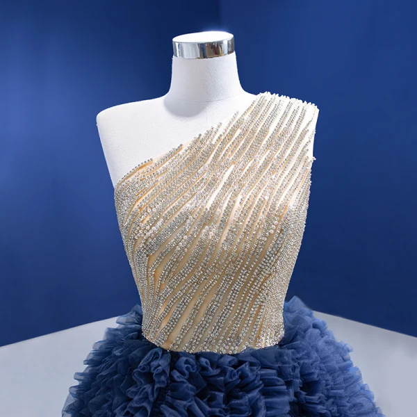 High-end Ocean Blue Rhinestone Ruffle Prom Dresses 2022 Ball Gown One-Shoulder Sleeveless Backless Floor-Length / Long Prom Formal Dresses