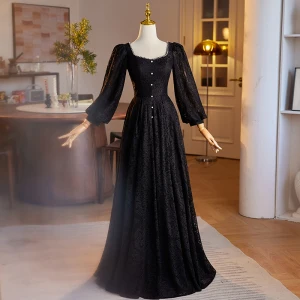 Élégant Noire Hiver Perle En Dentelle Robe De Bal 2024 Princesse Encolure Carrée Manches Longues Dos Nu Longue Promo Robe De Ceremonie