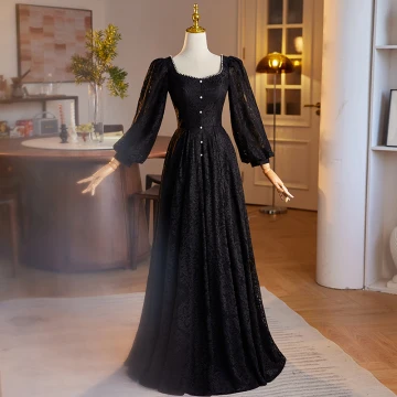 Élégant Noire Hiver Perle En Dentelle Robe De Bal 2024 Princesse Encolure Carrée Manches Longues Dos Nu Longue Promo Robe De Ceremonie