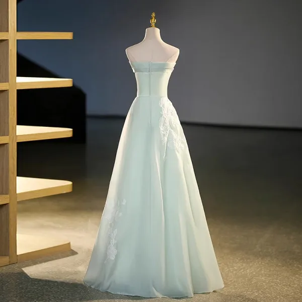 Sexy Sage Green Lace Flower Evening Dresses 2023 A-Line / Princess Organza Strapless Sleeveless Backless Floor-Length / Long Evening Party Formal Dresses