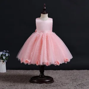 Charmant Rougissant Rose Anniversaire Volants En Cascade Robe Ceremonie Fille 2023 Robe Boule Encolure Dégagée Sans Manches Appliques Noeud Longue Robe Ceremonie Fille