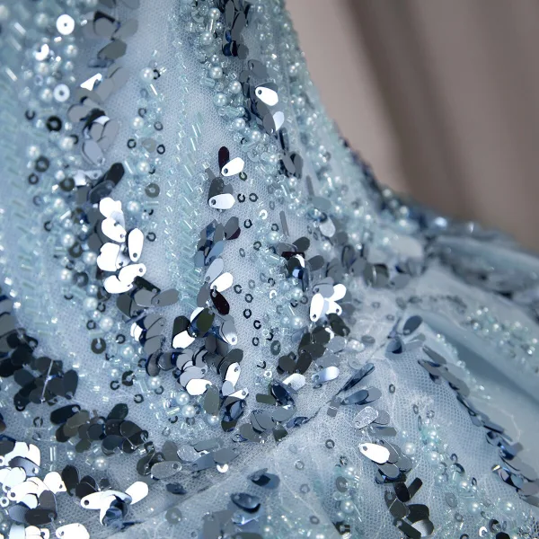 High-end Sky Blue Beading Pearl Sequins Tassel Prom Dresses 2026 Ball Gown Off-The-Shoulder Sleeveless Backless Floor-Length / Long Formal Dresses
