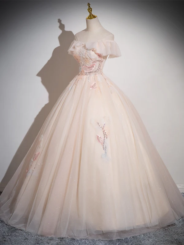 Chic / Beautiful Champagne Beading Sequins Lace Flower Prom Dresses 2024 Ball Gown Off-The-Shoulder Sleeveless Backless Floor-Length / Long Prom Formal Dresses