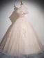 Chic / Beautiful Champagne Beading Sequins Lace Flower Prom Dresses 2024 Ball Gown Off-The-Shoulder Sleeveless Backless Floor-Length / Long Prom Formal Dresses