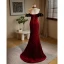 Chic / Beautiful Burgundy Beading Pearl Rhinestone Prom Dresses 2024 Trumpet / Mermaid Off-The-Shoulder Short Sleeve Backless Sweep Train Prom Formal Dresses