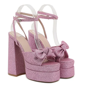 Charmant Fushia Paillettes Noeud Soirée Sandales Femme 2023 Bride Cheville 14 Cm Talons Épais Peep Toes Bout Ouvert Sandales Talons Hauts