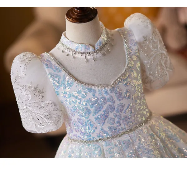 Sparkly White Rhinestone Sequins Birthday Flower Girl Dresses 2026 Ball Gown U-Neck Short Sleeve Backless Floor-Length / Long