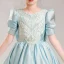 Chic / Belle Bleu Ciel Satin Anniversaire Robe Ceremonie Fille Princesse 2022 Encolure Dégagée Perlage Paillettes Faux Diamant Noeud Manches Courtes Longue Robe Ceremonie Fille