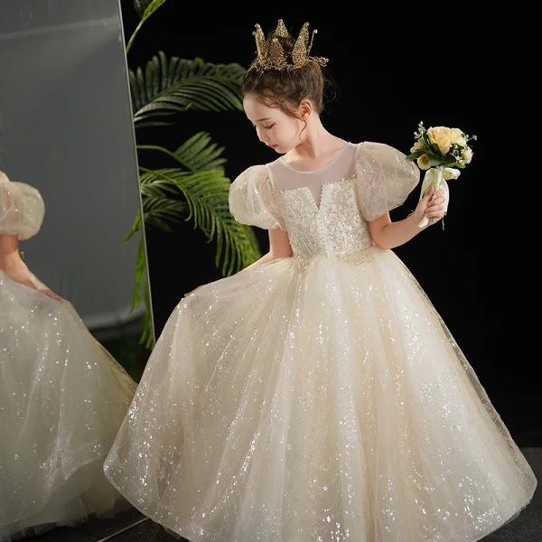 Bling Bling Beading Champagne Pearl Sequins Flower Girl Dresses 2024 Ball Gown Birthday Scoop Neck Puffy Short Sleeve Floor-Length / Long