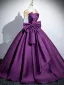 Vintage / Retro Purple Lace Flower Bow Satin Prom Dresses 2025 Ball Gown Scoop Neck Short Sleeve Backless Floor-Length / Long Prom Formal Dresses