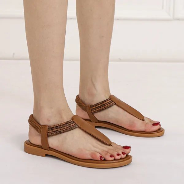 Bohême Simple Beige Plage Plat Sandales Femme 2022 T-Strap Peep Toes / Bout Ouvert Sandales Femme