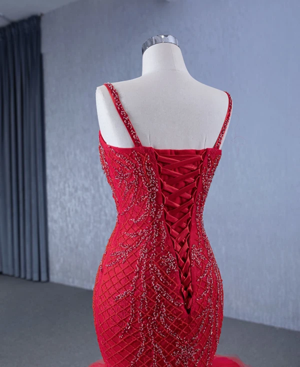 Haut de Gamme Rouge Fait main Perlage Paillettes Robe De Soirée 2024 Trompette / Sirène Bretelles Spaghetti Sans Manches Dos Nu Longue Soirée Robe De Ceremonie