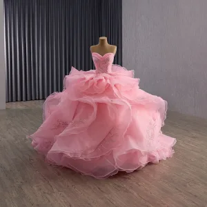 Haut De Gamme Charmant Rougissant Rose Volants En Cascade Paillettes En Dentelle Fleur Robe De Bal 2025 Robe Boule Bustier Sans Manches Dos Nu Train De Balayage Robe De Ceremonie
