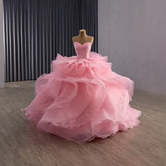 Haut De Gamme Charmant Rougissant Rose Volants En Cascade Paillettes En Dentelle Fleur Robe De Bal 2025 Robe Boule Bustier Sans Manches Dos Nu Train De Balayage Robe De Ceremonie