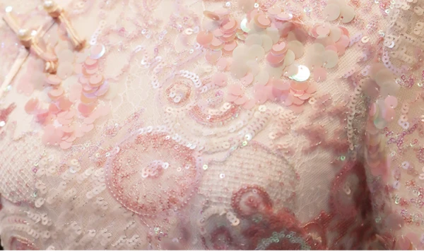 Bling Bling Blushing Pink Lace Sequins Evening Party Cheongsam 2024 Trumpet / Mermaid High Neck Short Sleeve Tea-length