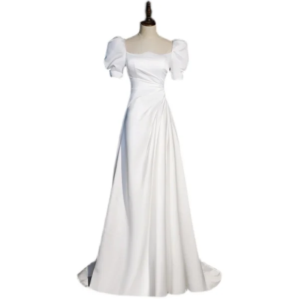 Modest / Simple White Satin Prom Dresses 2022 A-Line / Princess Square Neckline Puffy Short Sleeve Bow Backless Court Train Prom Formal Dresses