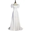 Modest / Simple White Satin Prom Dresses 2022 A-Line / Princess Square Neckline Puffy Short Sleeve Bow Backless Court Train Prom Formal Dresses